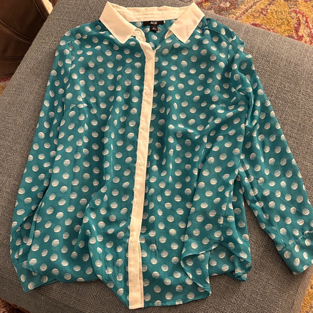 AGB Teal and White Polka Dot Button Down Shirt